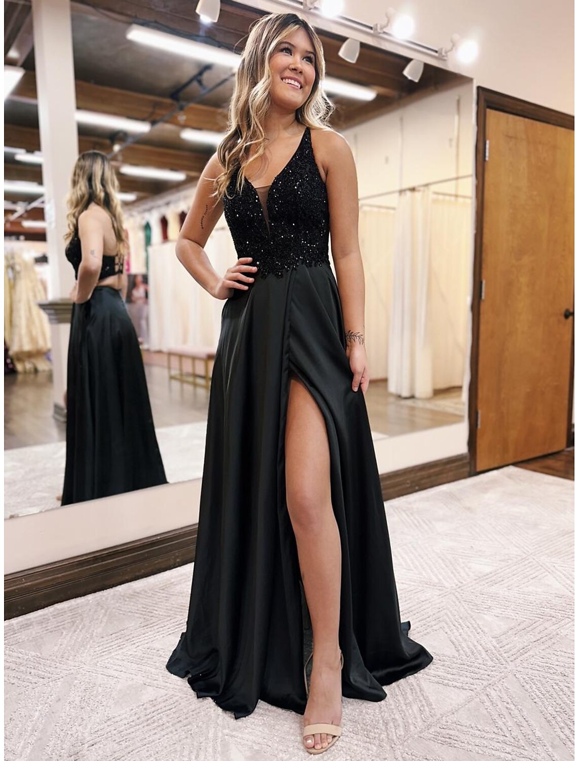 Wholesa A-Line Evening Gown Empire Dress Formal Prom Floor Length Sleeveless V Neck Pocket Satin Backless with Beading Appliques