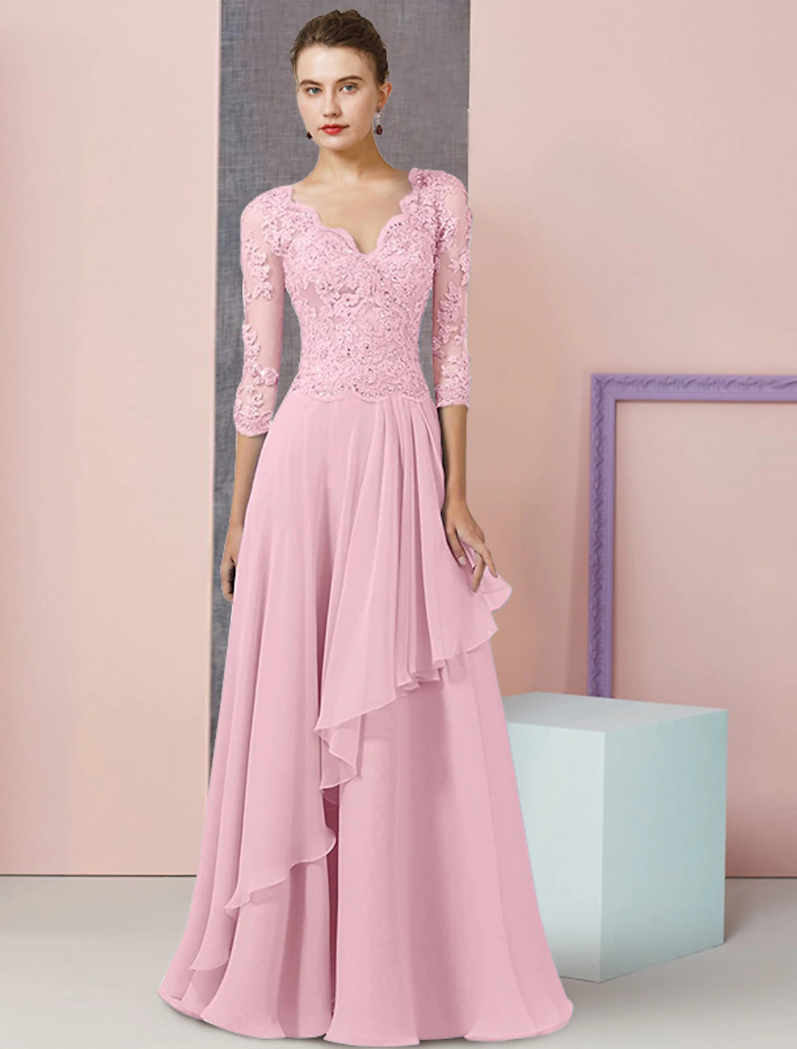 wholesale Two Piece A-Line Mother of the Bride Dress Formal Wedding Guest Party Elegant V Neck Floor Length Chiffon Lace Half Sleeve Wrap Included with Beading Sequin Appliques