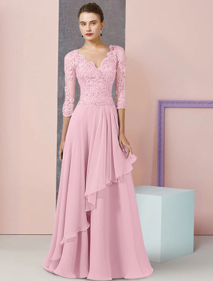 wholesale Two Piece A-Line Mother of the Bride Dress Formal Wedding Guest Party Elegant V Neck Floor Length Chiffon Lace Half Sleeve Wrap Included with Beading Sequin Appliques