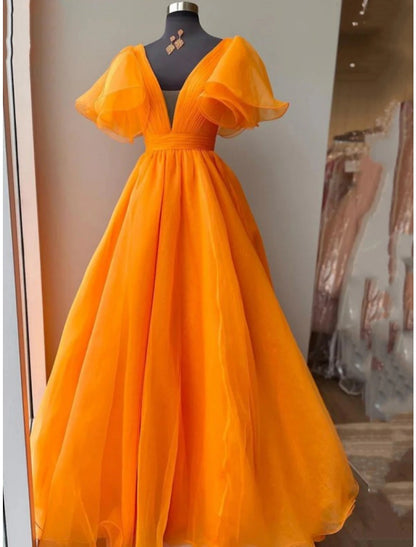 Wholesa Ball Gown Evening Gown Celebrity Style Dress Wedding Party Dress Floor Length Short Sleeve V Neck Fall Wedding Guest Organza with Pleats Ruffles