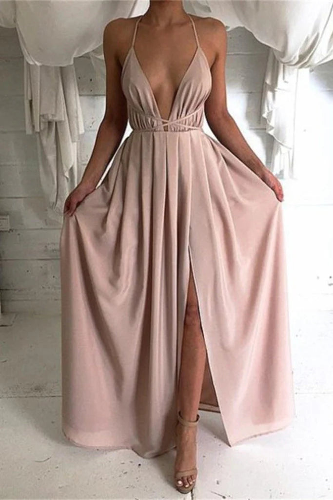 Wholesale Prom Dresses Deep V-Neck Spaghetti Straps Open Back Simple