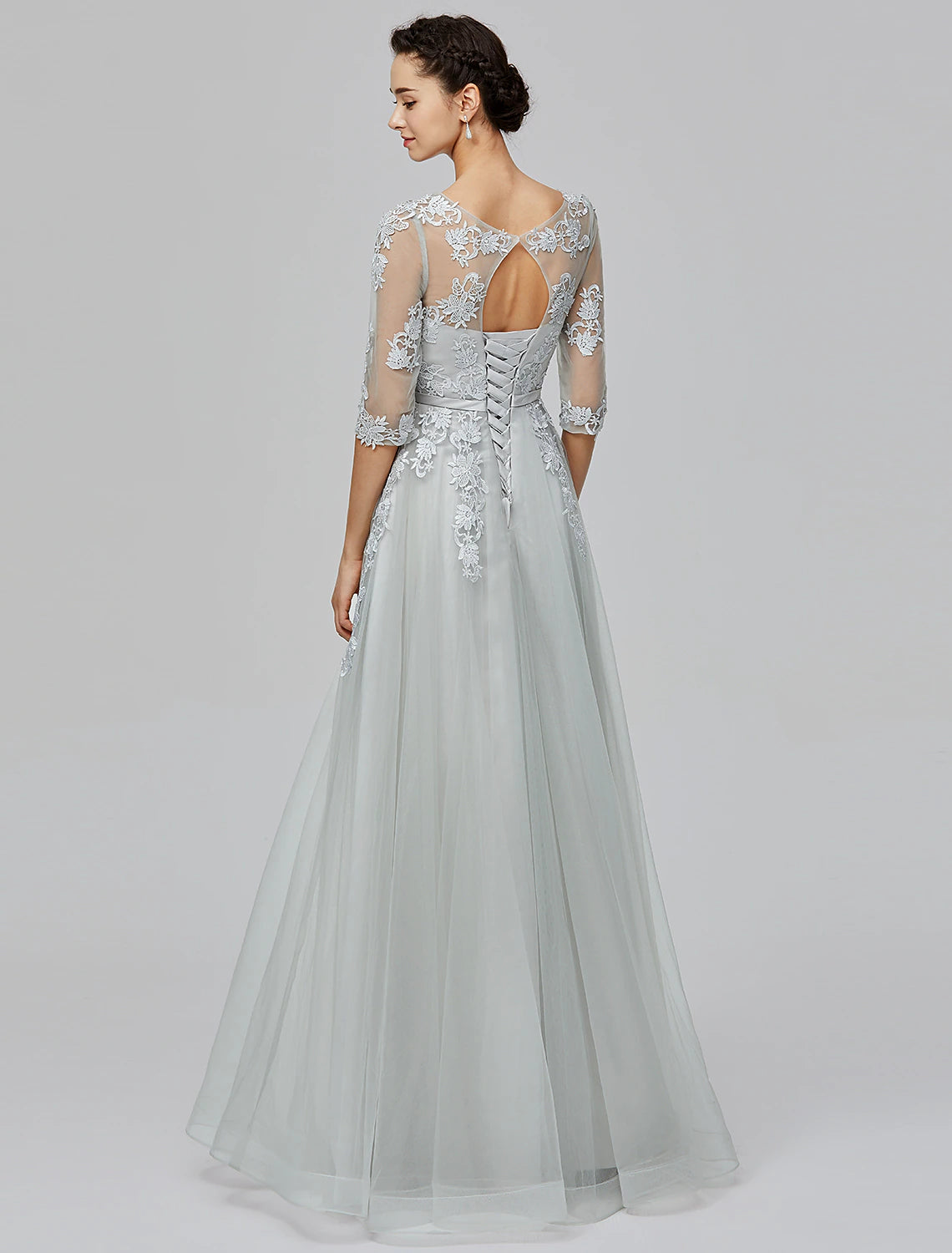 Wholesa A-Line Empire Dress Wedding Guest Prom Floor Length Half Sleeve Illusion Neck Tulle with Bow(s) Appliques