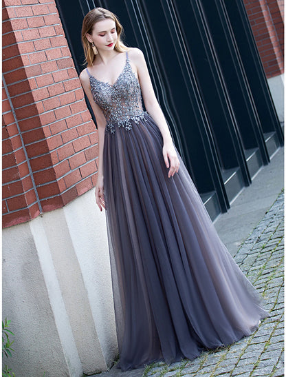 Wholesale A-Line Minimalist Elegant Party Wear Prom Dress V Neck Sleeveless Floor Length Tulle with Pleats Appliques