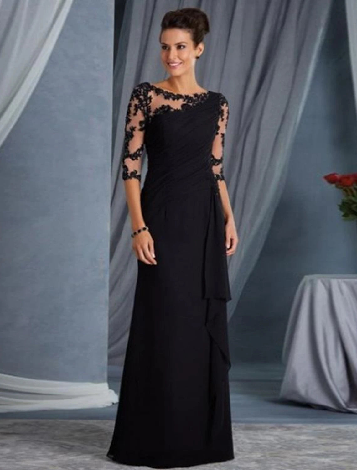 Wholesa  Sheath Black Dress Plus Size Evening Gown Elegant Dress Formal Evening Floor Length Half Sleeve Jewel Neck Fall Wedding Guest Lace with Appliques