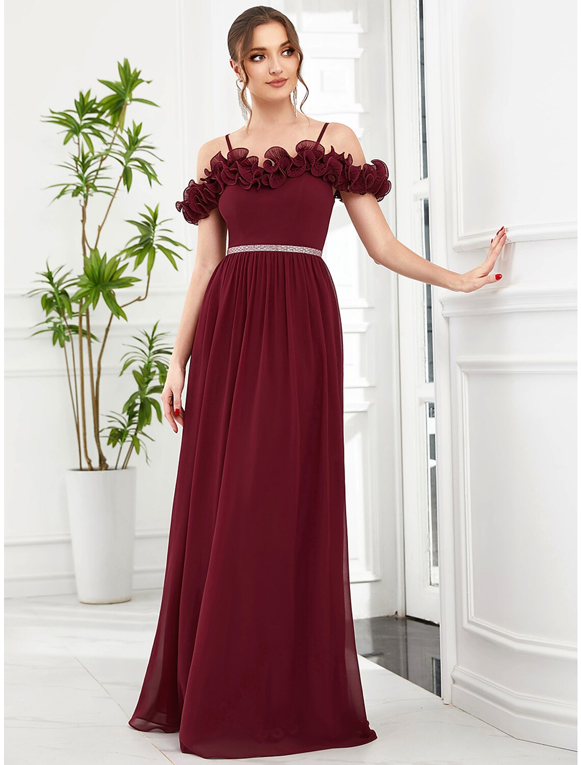 wholesale  A-Line Prom Dresses Vintage Dress Wedding Guest Floor Length Sleeveless Off Shoulder Chiffon with Appliques Shouder Flower