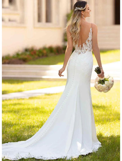 Wholesale Engagement Open Back Sexy Formal Wedding Dresses Mermaid / Trumpet V Neck Sleeveless Court Train Lace Bridal Gowns With Appliques 2023 Summer Wedding Party