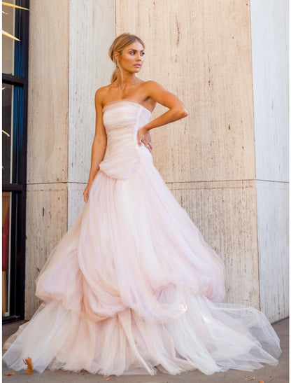 Wholesa A-Line Evening Gown Elegant Dress Formal Court Train Sleeveless Strapless Tulle with Pleats Ruched