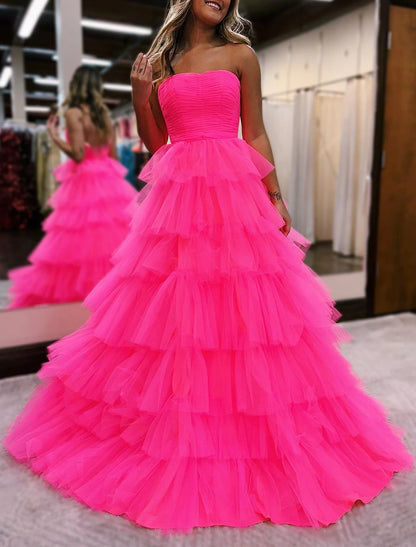 Wholesa Ball Gown Prom Dresses Backless Dress Formal Wedding Guest Floor Length Sleeveless Strapless Tulle with Ruched