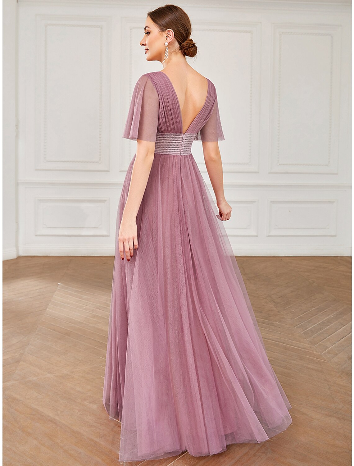 Wholesa A-Line Bridesmaid Dress V Neck Short Sleeve Plus Size Floor Length Tulle with Ruffles / Draping /  Butterfly Sleeve