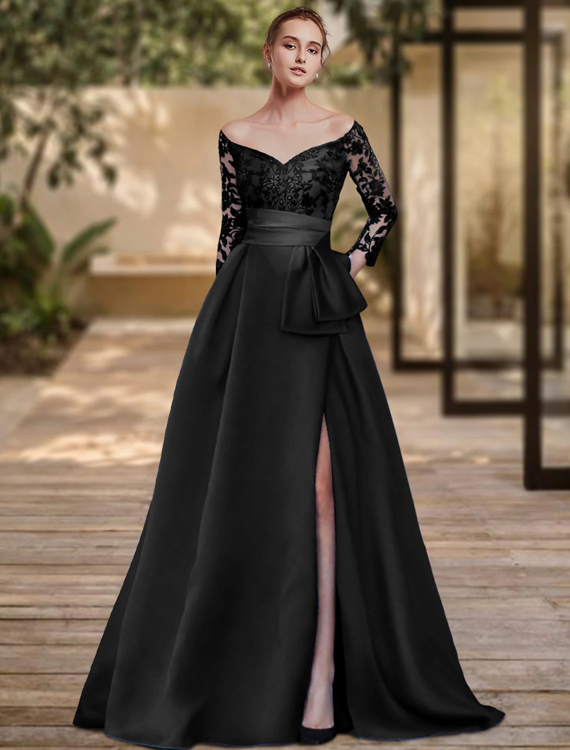 Wholesa  Sheath / Column Evening Gown High Split Dress Formal Wedding Guest Sweep / Brush Train 3/4 Length Sleeve Off Shoulder Charmeuse with Bow(s) Sequin Slit