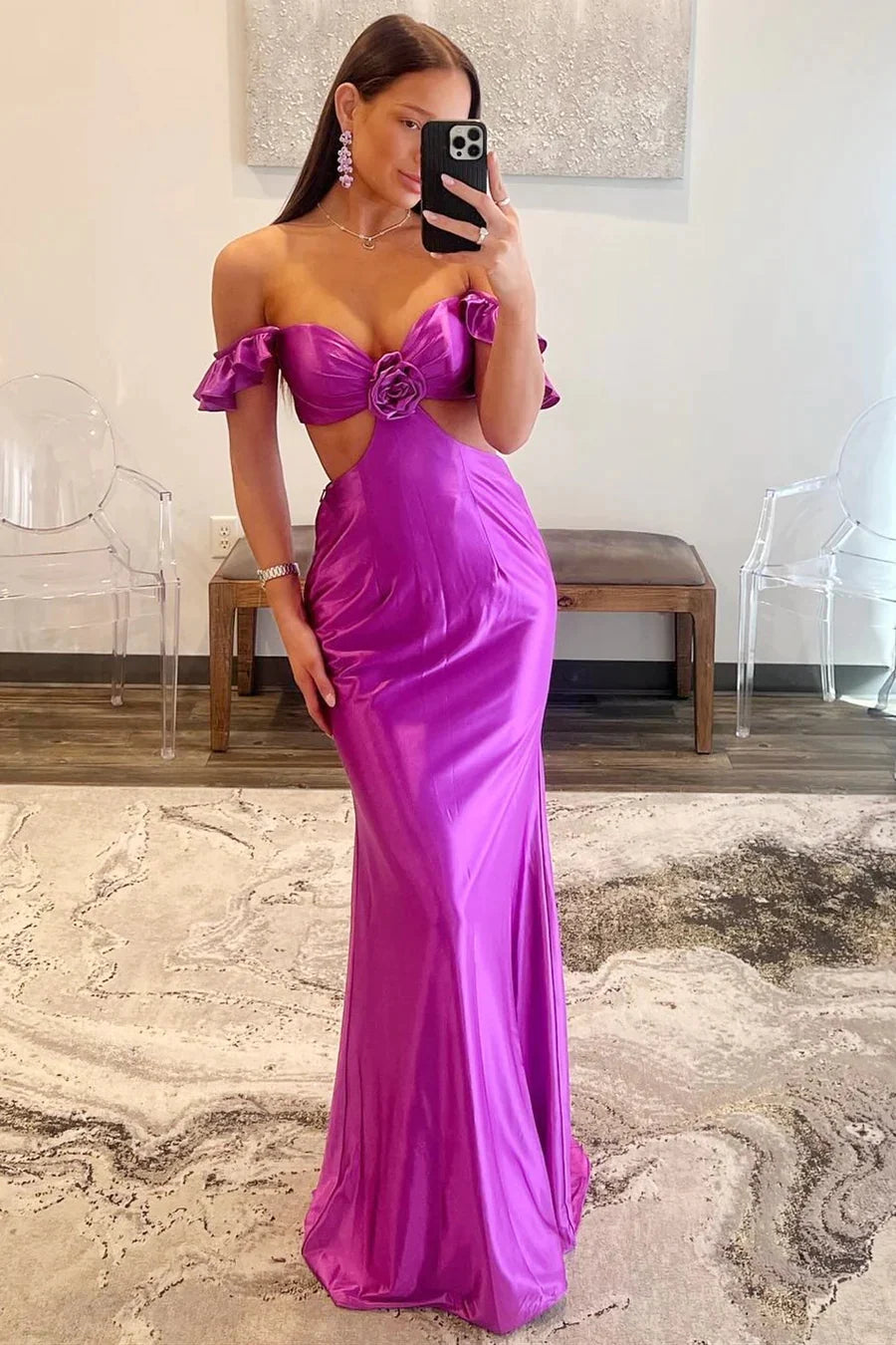 Wholesa Violet Flutter Sleeve Cutout Mermaid Fitted Prom Dresses