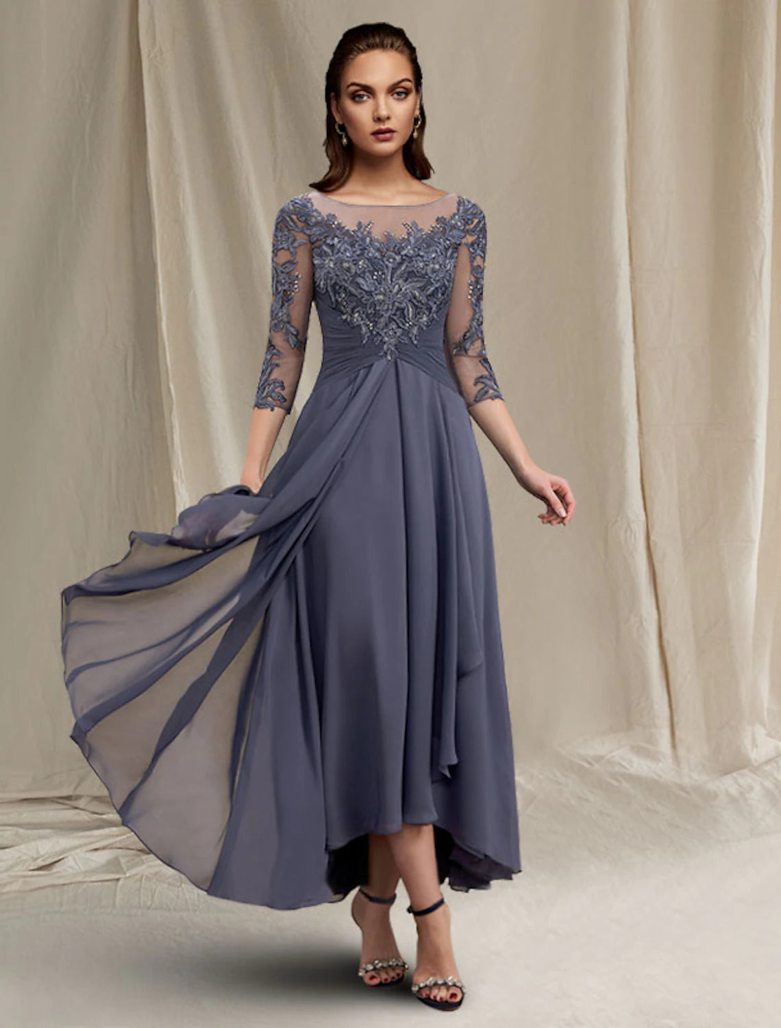 Wholesa Two Piece A-Line Mother of the Bride Dress Elegant High Low Jewel Neck Asymmetrical Tea Length Chiffon Lace 3/4 Length Sleeve Wrap Included with Sequin Appliques