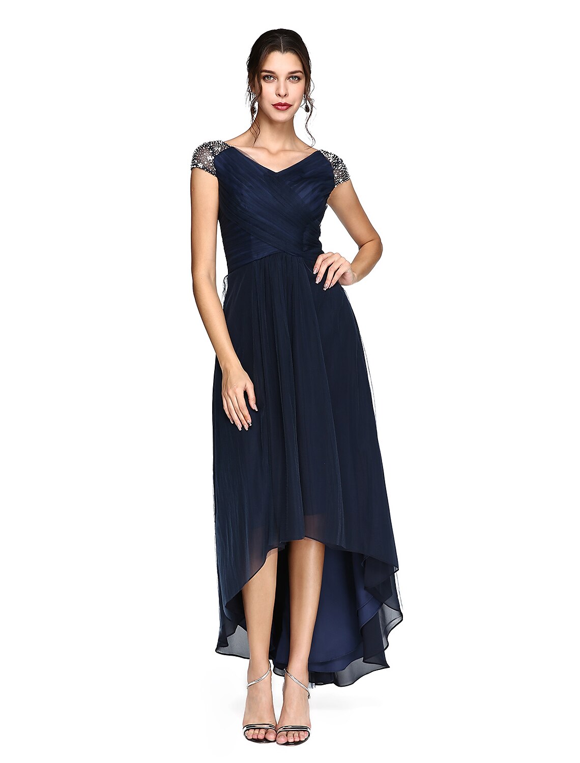 Wholesa Sheath / Column Minimalist Dress Wedding Guest Prom Asymmetrical Short Sleeve V Neck Bridesmaid Dress Tulle V Back with Criss Cross Pleats Beading