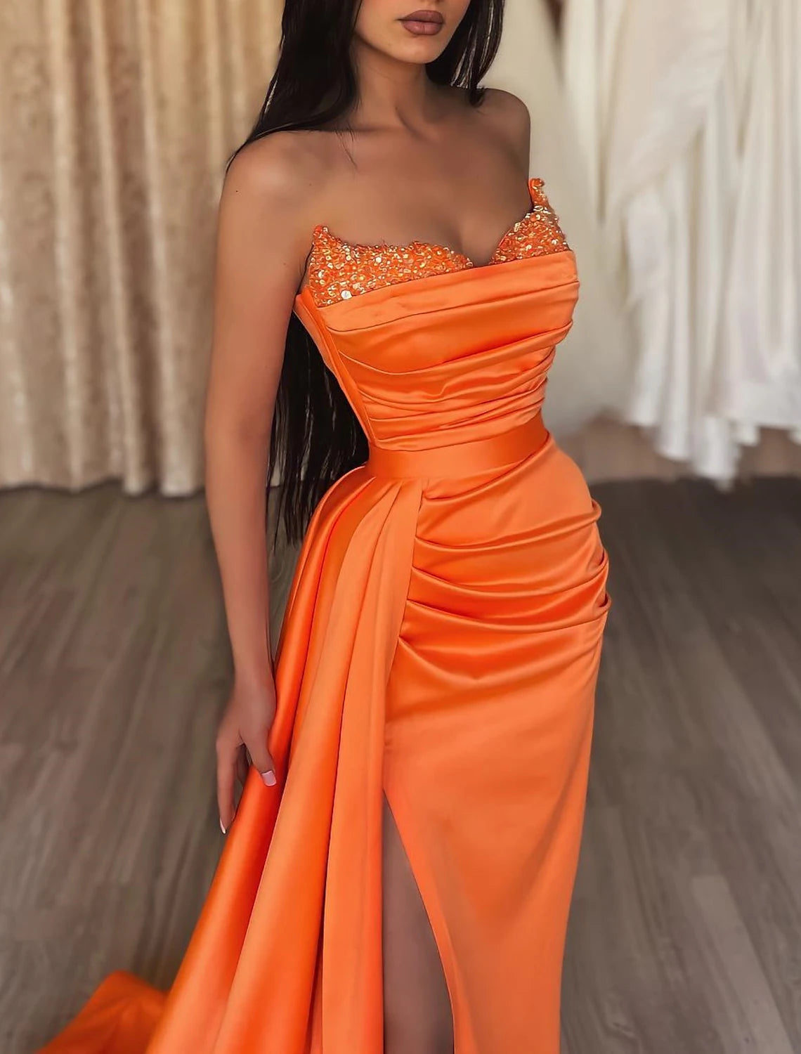 Wholesa  Mermaid Ruched Evening Gown Satin Dress Cocktail Party Prom Court Train Sleeveless Strapless Bridesmaid Dress with Beading Sequin Pure Color