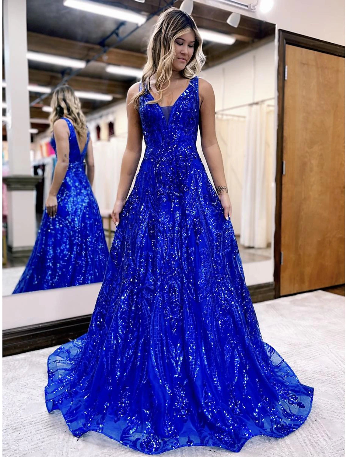 Wholesale A-Line Prom Dresses Sparkle & Shine Dress Formal Floor Length Sleeveless V Neck Sequined V Back with Sequin