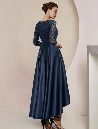 wholesale  A-Line Mother of the Bride Dress Formal Wedding Guest Elegant High Low Scoop Neck Asymmetrical Tea Length Satin Lace 3/4 Length Sleeve with Pleats Beading