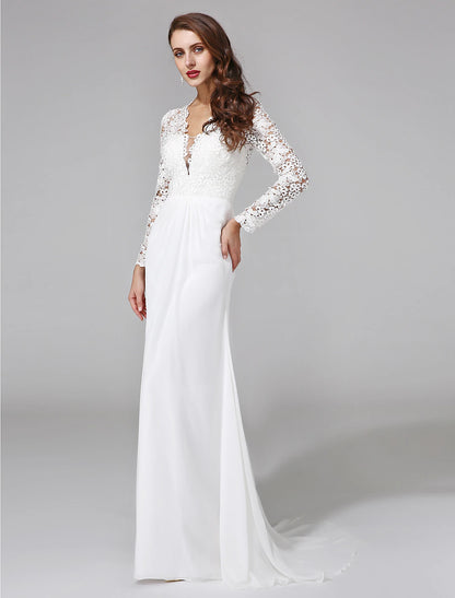 Wholesale Beach Royal Style Boho Wedding Dresses Sheath / Column Illusion Neck Long Sleeve Sweep / Brush Train Chiffon Bridal Gowns With Lace Button 2023 Summer Wedding Party