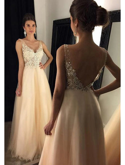 Wholesale A-Line Prom Dresses Sparkle & Shine Dress Formal Floor Length Sleeveless V Neck Tulle V Back with Beading Appliques