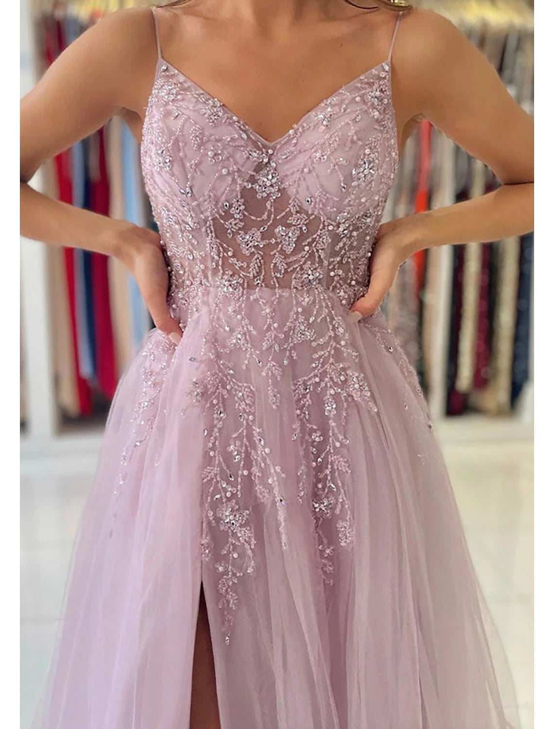 Wholesa A-Line Prom Party Dress Princess Dress Formal Prom Court Train Sleeveless V Neck Tulle with Beading