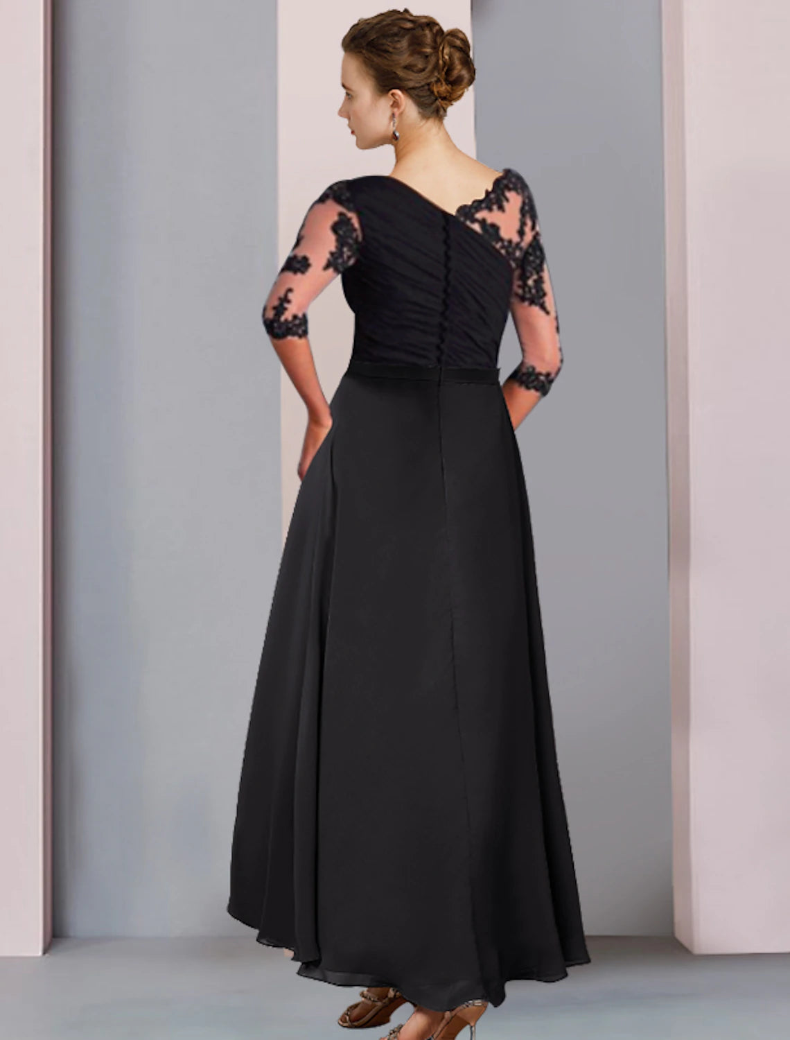 Wholesa A-Line Mother of the Bride Dress Wedding Guest Elegant High Low Scoop Neck Asymmetrical Tea Length Chiffon Lace Half Sleeve with Appliques Side-Draped