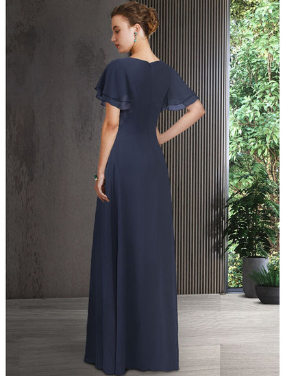 Wholesa Sheath / Column Mother of the Bride Dress Elegant V Neck Floor Length Chiffon Short Sleeve with Appliques Ruching