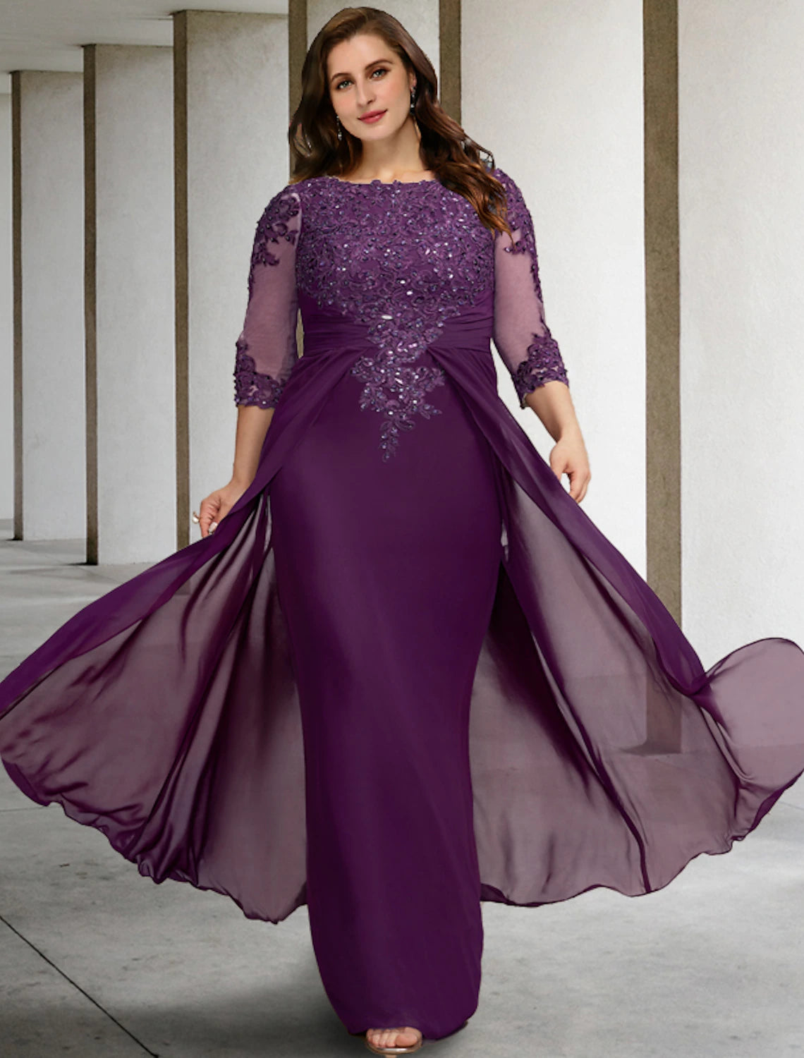 wholesale  Sheath / Column Mother of the Bride Dresses Plus Size Hide Belly Curve Luxurious Dress Formal Floor Length Half Sleeve Jewel Neck Chiffon with Ruched Beading Appliques