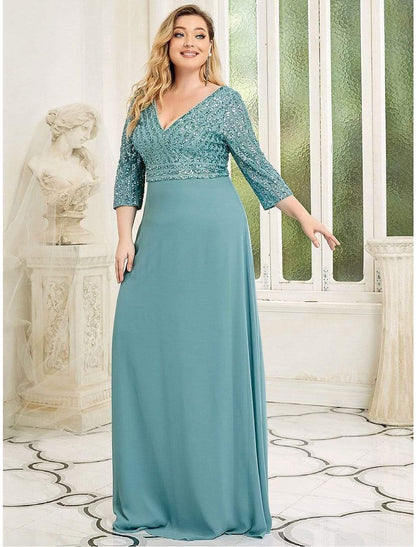 wholesale A-Line Evening Gown Plus Size Dress Wedding Guest Floor Length 3/4 Length Sleeve V Neck Chiffon V Back with Sequin