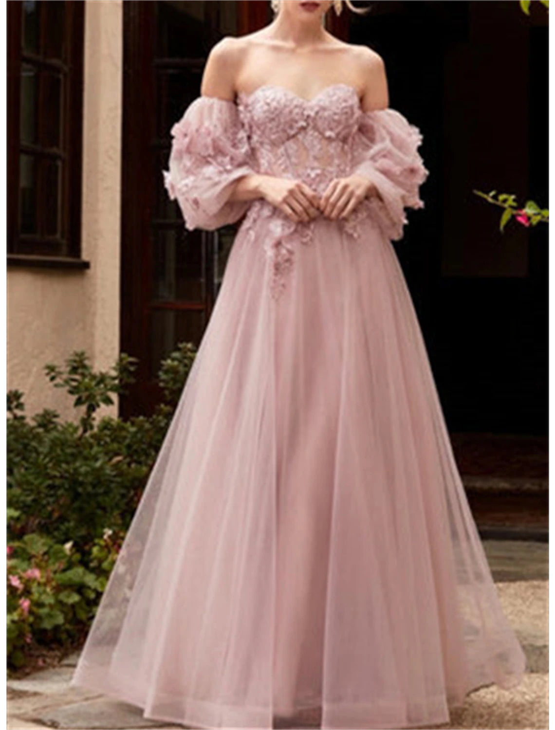 Wholesa A-Line Prom Dresses Corsets Dress Formal Evening Party Court Train Long Sleeve Strapless Tulle with Appliques