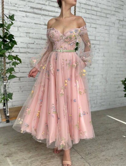 Wholesa A-Line Prom Dresses Floral Dress Birthday Garden Party Ankle Length Long Sleeve Off Shoulder Fall Wedding Guest Lace with Embroidery Appliques