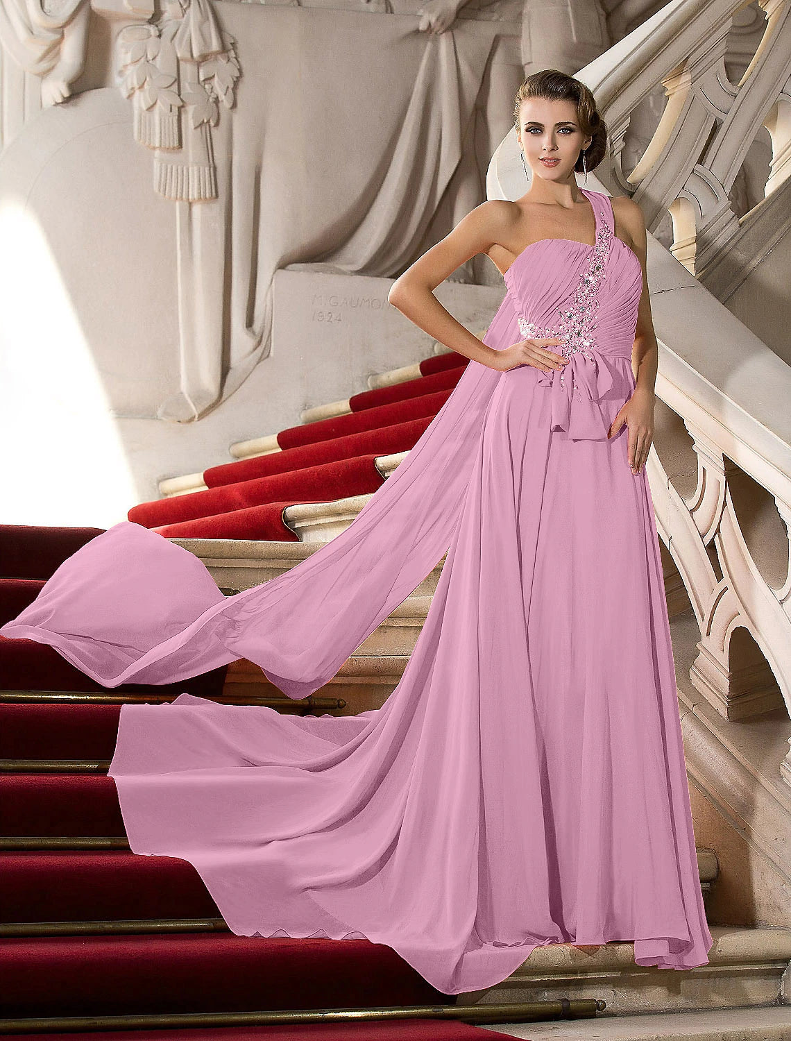 Wholesa A-Line Elegant Dress Wedding Guest Engagement Court Train Sleeveless One Shoulder Chiffon with Crystals Draping