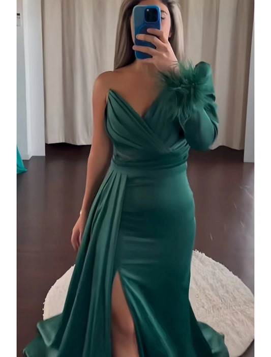 Wholesa A-Line Evening Gown Party Dress Formal Fall Sweep / Brush Train Long Sleeve One Shoulder Satin with Feather Ruched Slit