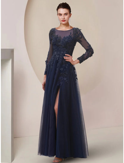 Wholesa  A-Line Mother of the Bride Dress Wedding Guest Elegant Scoop Neck Ankle Length Lace Tulle Long Sleeve with Split Front Ruching