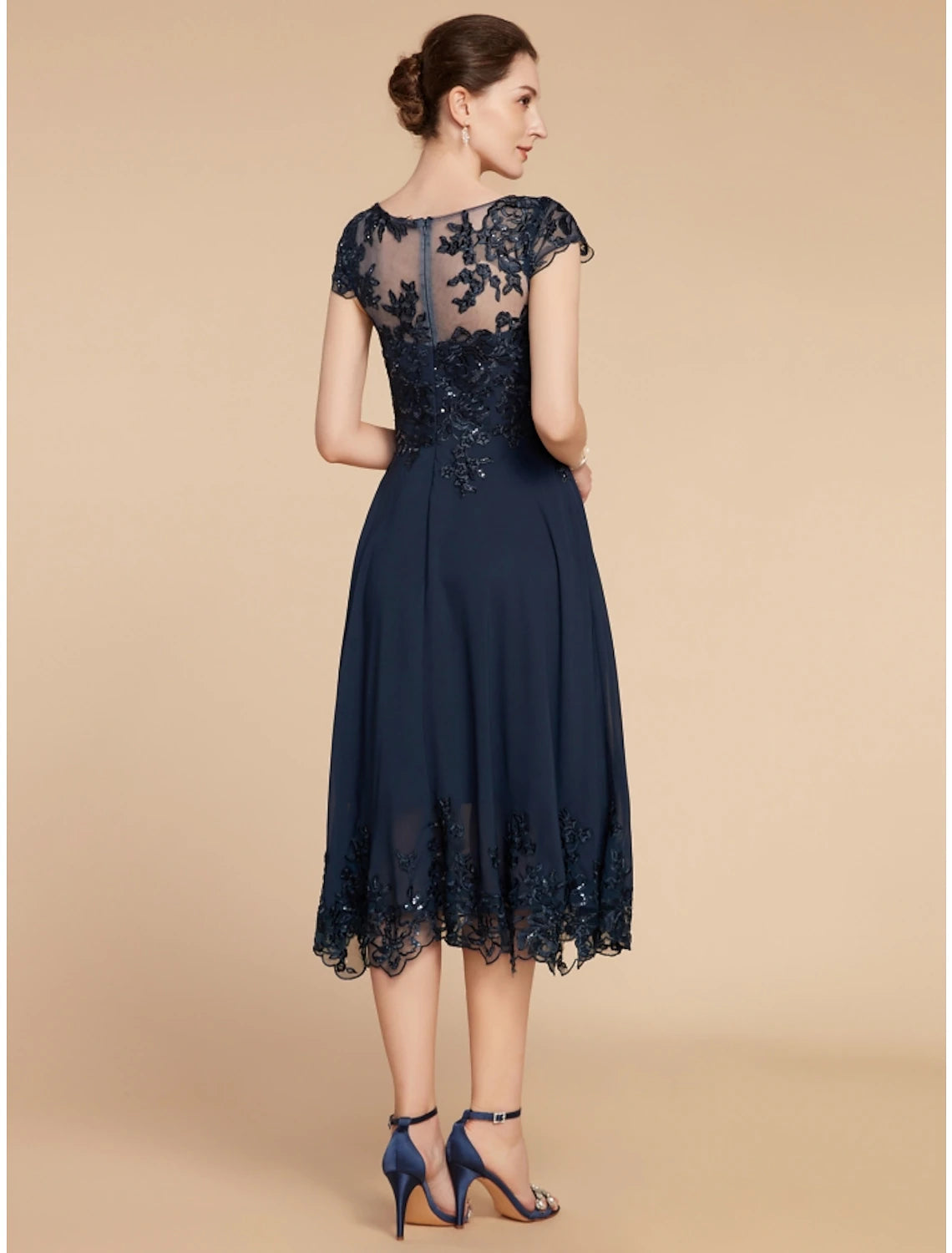 Wholesa  A-Line Mother of the Bride Dress Wedding Guest Elegant Petite Scoop Neck Tea Length Chiffon Lace Cap Sleeve with Sequin Ruching Solid Color