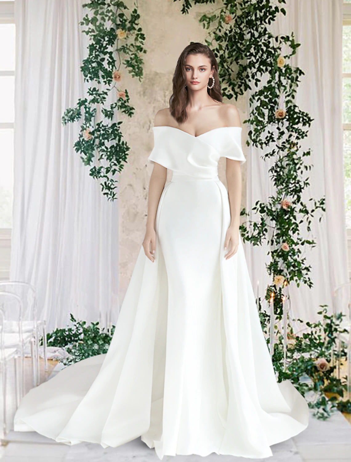 Wholesale Hall Casual Fall Wedding Dresses Sheath / Column Off Shoulder Cap Sleeve Chapel Train Satin Bridal Gowns With Ruched Summer Wedding Party