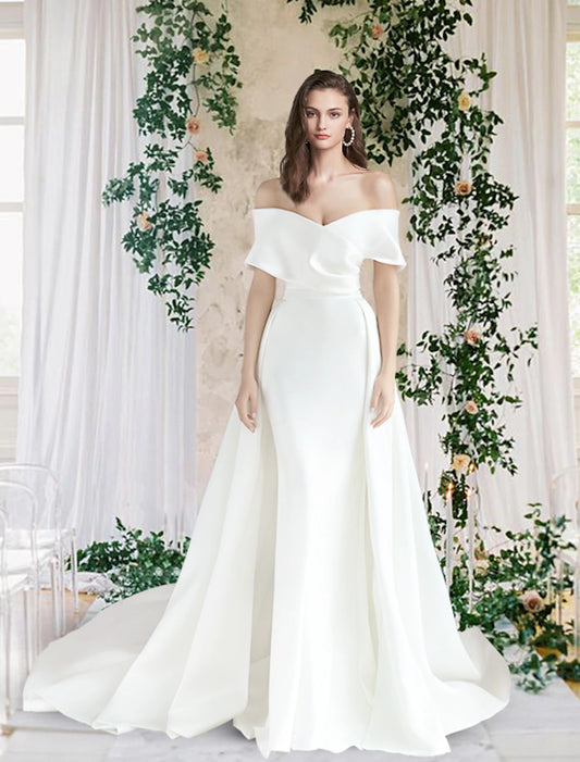 Wholesale Hall Casual Fall Wedding Dresses Sheath / Column Off Shoulder Cap Sleeve Chapel Train Satin Bridal Gowns With Ruched Summer Wedding Party