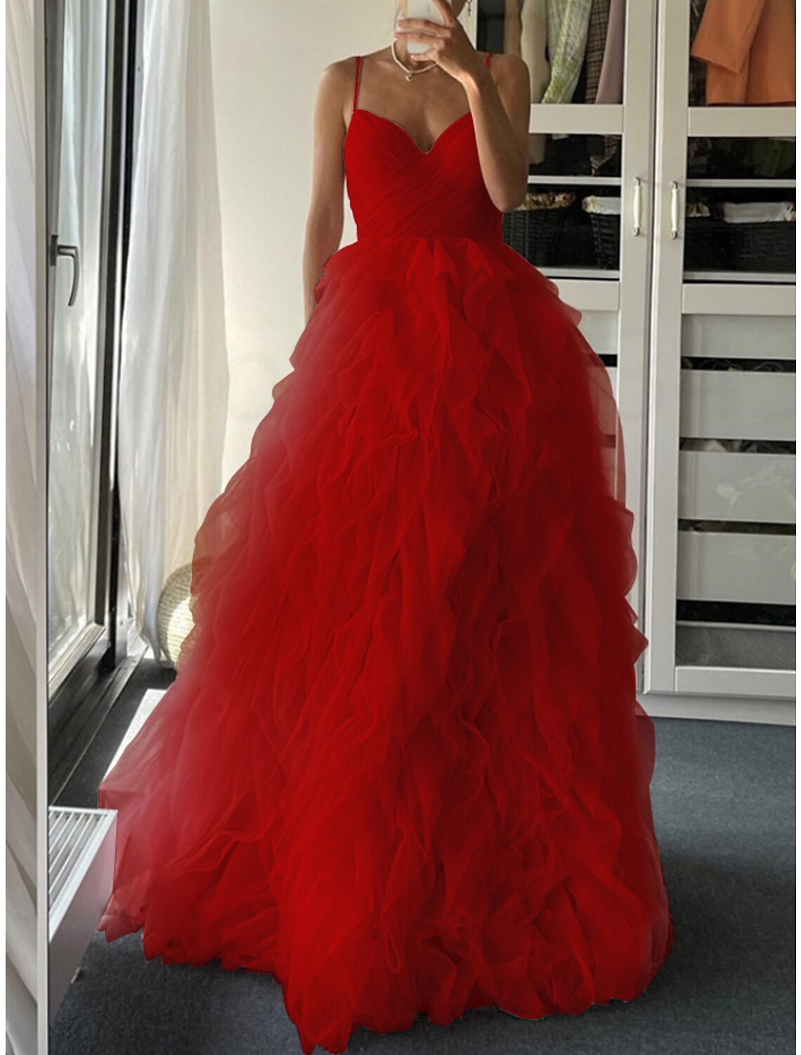 Wholesa A-Line Prom Dresses Elegant Dress Formal Floor Length Sleeveless Spaghetti Strap Tulle with Pleats Ruffles