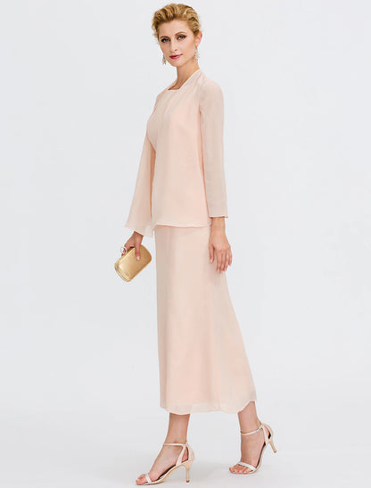 Wholesa  Two Piece Sheath / Column Mother of the Bride Dress Wedding Guest Plus Size Elegant with Jacket Long Sleeve Scoop Neck Tea Length Chiffon Sash / Ribbon Pleats Beadin