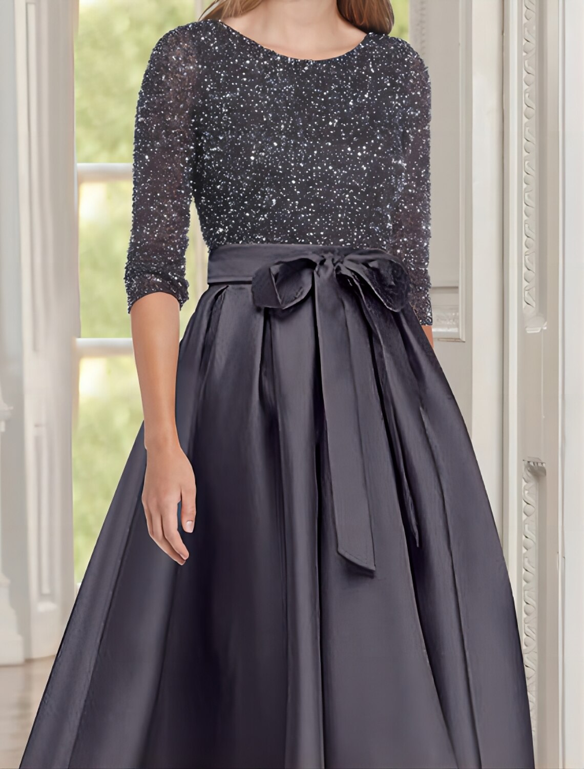 Wholesa A-Line Mother of the Bride Dress Wedding Guest Elegant Scoop Neck Asymmetrical Satin Half Sleeve with Bow(s) Sequin Ruching