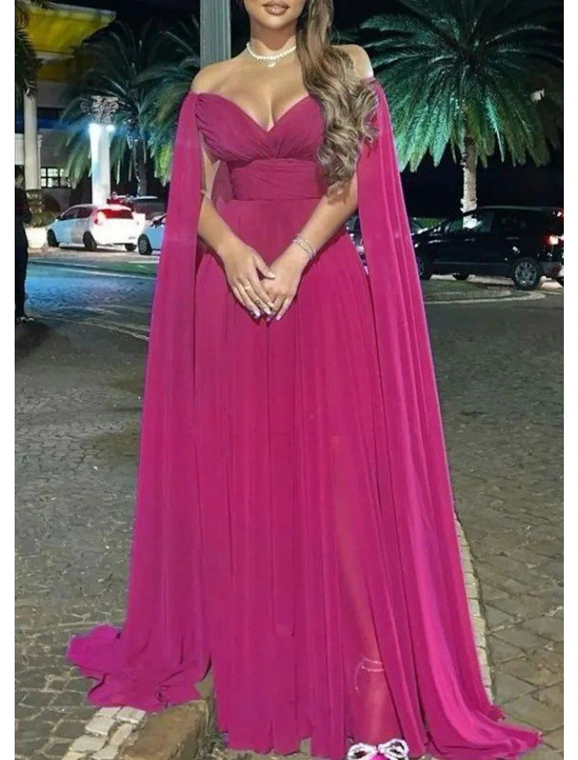 wholesale  A-Line Evening Gown Elegant Dress Formal Sweep / Brush Train Sleeveless Off Shoulder Capes Chiffon with Pleats