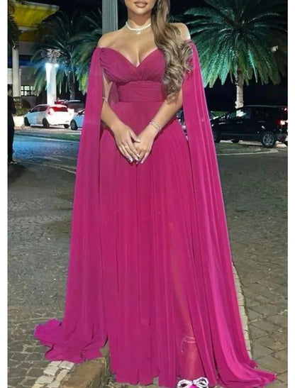 Wholesa  A-Line Evening Gown Elegant Dress Formal Wedding Party Sweep / Brush Train Sleeveless Off Shoulder Capes Chiffon with Pleats