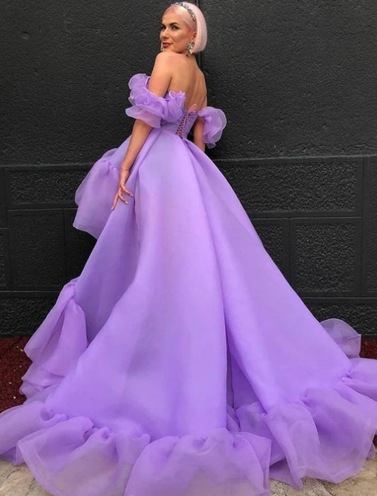 Wholesa A-Line Prom Dresses High Low Dress Quinceanera Asymmetrical Purple Short Sleeve Off Shoulder Tulle with Tier