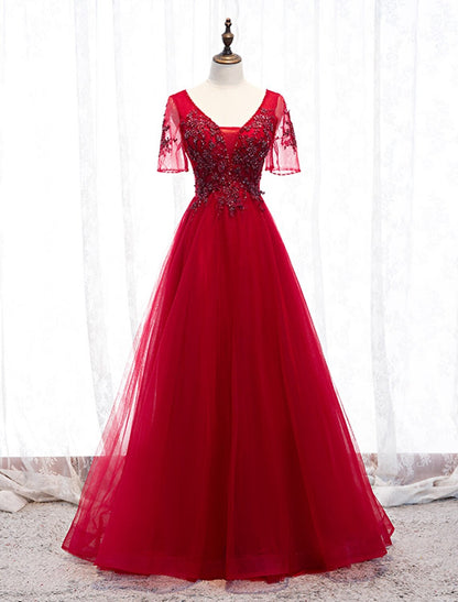 wholesale A-Line Prom Dresses Luxurious Dress Wedding Guest Floor Length Short Sleeve Spaghetti Strap Tulle with Beading Appliques