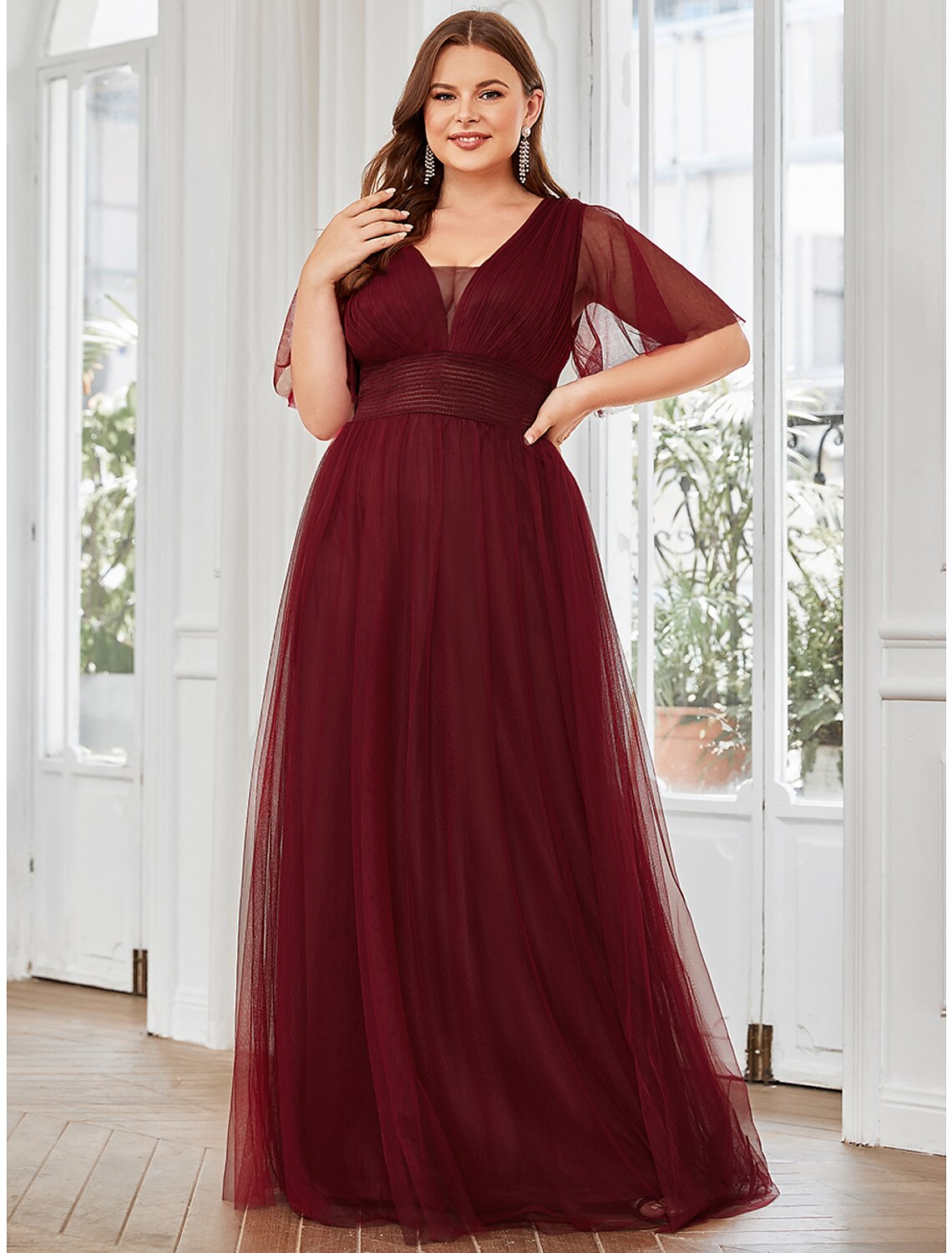 Wholesa A-Line Bridesmaid Dress V Neck Short Sleeve Plus Size Floor Length Tulle with Ruffles / Draping /  Butterfly Sleeve