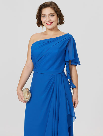 Wholesa Sheath / Column Mother of the Bride Dress Formal Classic & Timeless Elegant & Luxurious Plus Size One Shoulder Floor Length Chiffon Short Sleeve No with Pleats