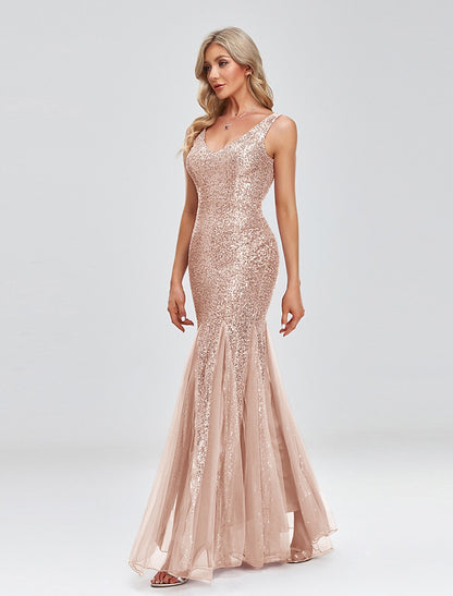 Wholesa Mermaid / Trumpet Evening Gown Sparkle Dress Wedding Guest Formal Evening Floor Length Sleeveless V Neck Tulle V Back with Sequin Splicing