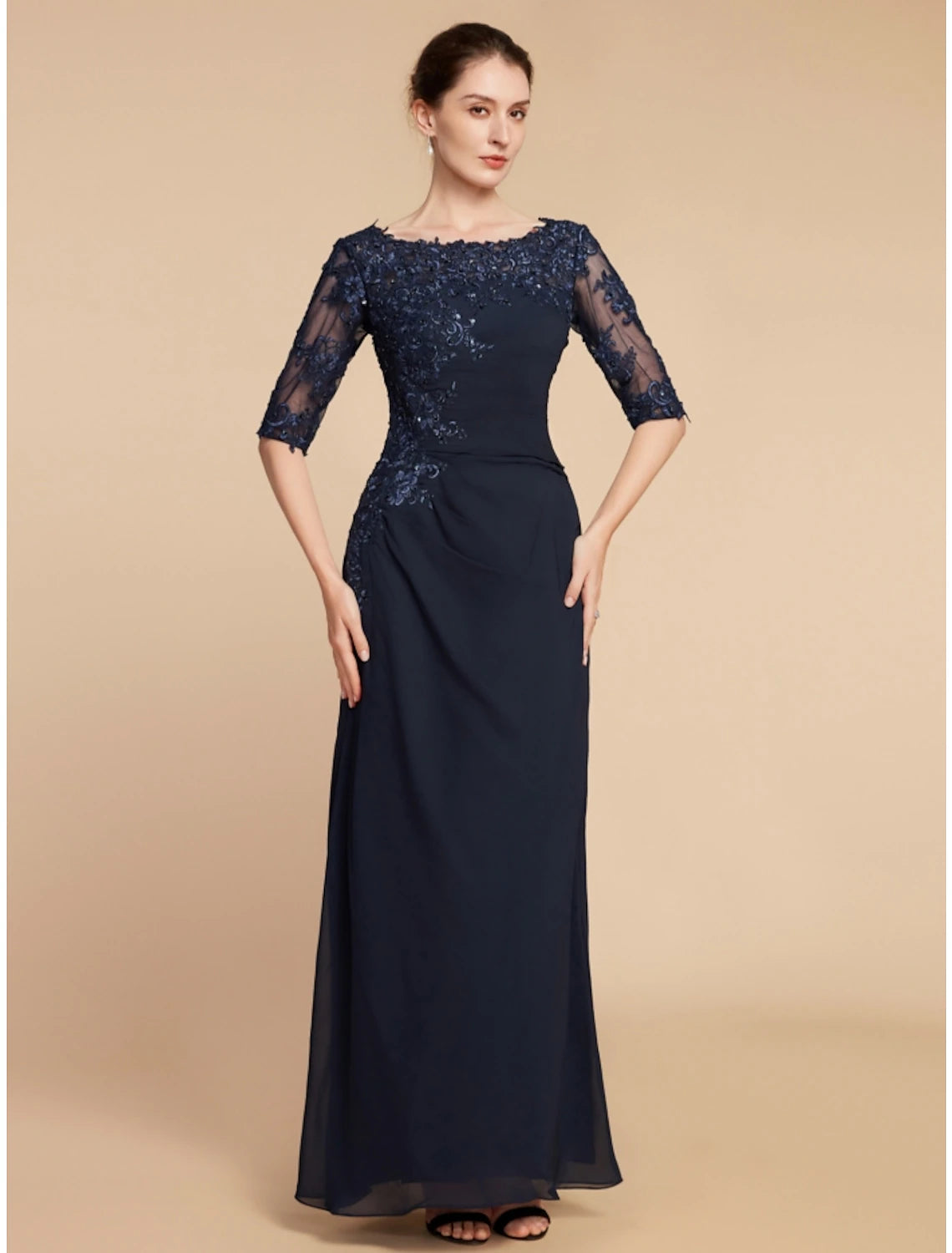 Wholesa  Sheath / Column Mother of the Bride Dress Wedding Guest Elegant Scoop Neck Ankle Length Chiffon Lace Half Sleeve with Sequin Ruching Solid Color