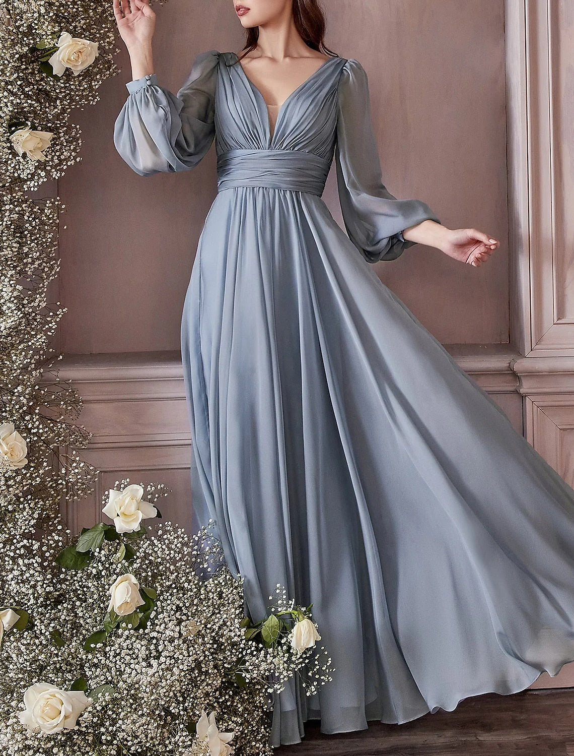 Wholesa Sheath / Column Wedding Guest Dresses Elegant Dress Party Dress Floor Length Long Sleeve V Neck Fall Wedding Guest Chiffon with Pleats Slit