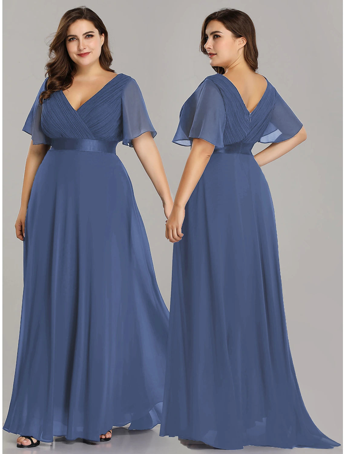 Wholesale A-Line Empire Fall Wedding Guest Dress For Bridesmaid Plus Size Formal Evening Dress V Neck Short Sleeve Floor Length Chiffon with Pleats Ruched