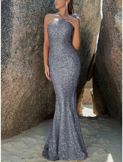 Wholesa Mermaid / Trumpet Evening Gown Sparkle & Shine Dress Formal Wedding Guest Sweep / Brush Train Sleeveless One Shoulder Sequined with Glitter Shouder Flower