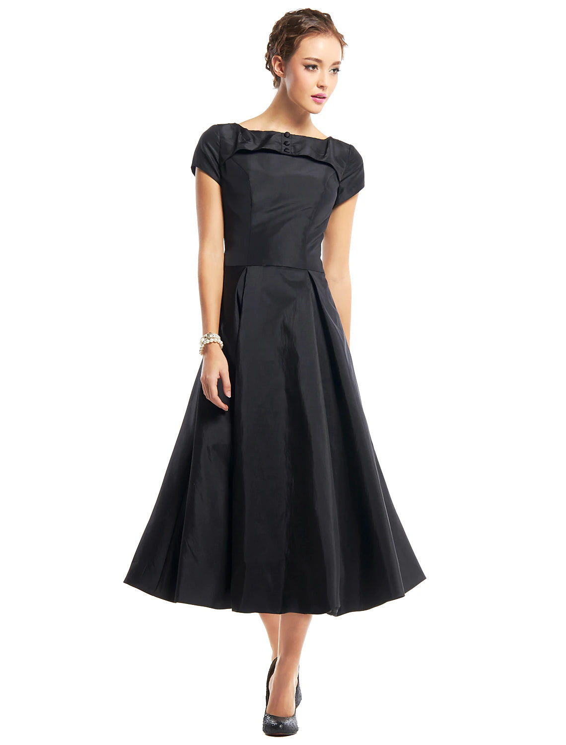 wholesale A-Line Vintage Dress Homecoming Tea Length Short Sleeve Boat Neck Taffeta with Buttons